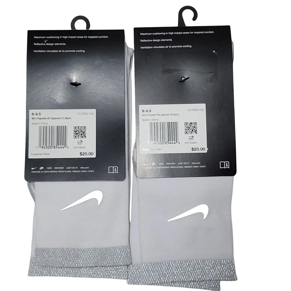 Nike Spark Cushioned Running Crew Socks Women 9.5-11 Men 8-9.5 White 2 Pair NEW